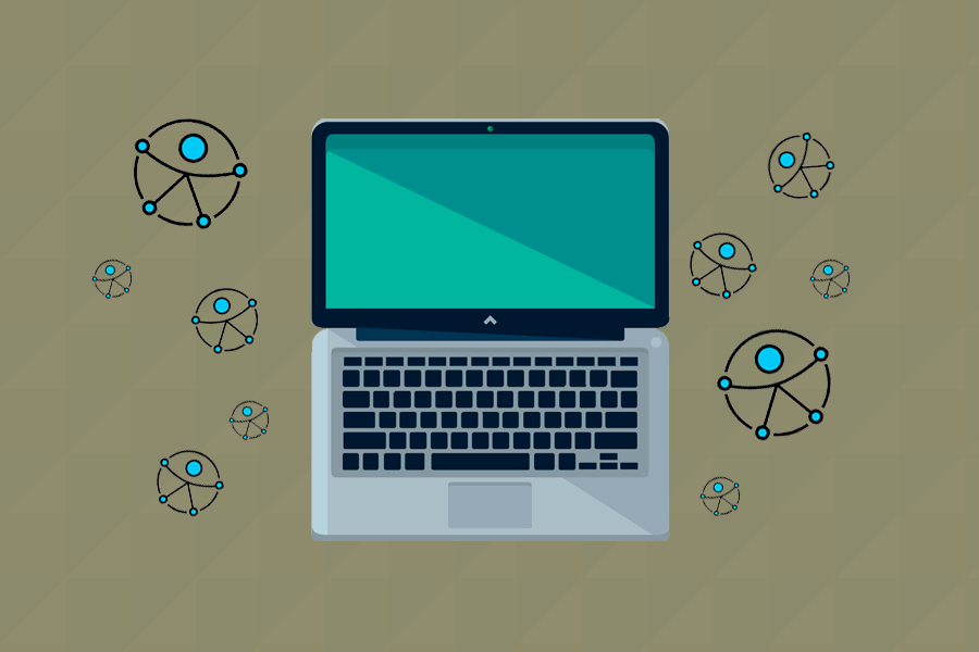 Laptop com tela verde cercado por ícones de pessoas conectadas, simbolizando acessibilidade digital e inclusão na tecnologia.