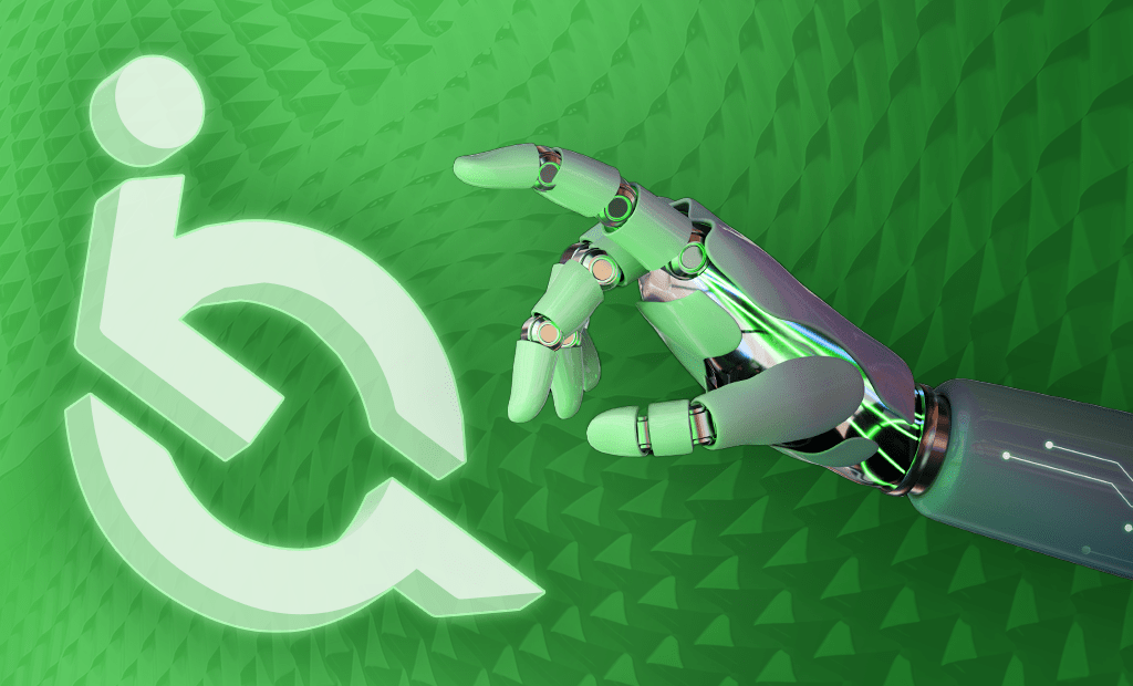 Mão robótica alcança símbolo de acessibilidade sobre fundo verde, simbolizando a união entre tecnologia e inclusão.