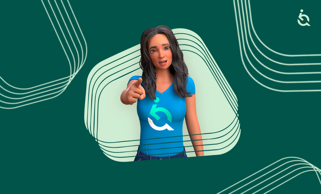 Ewa, personagem digital, usa camiseta azul com logotipo e aponta para frente sobre fundo verde geométrico.