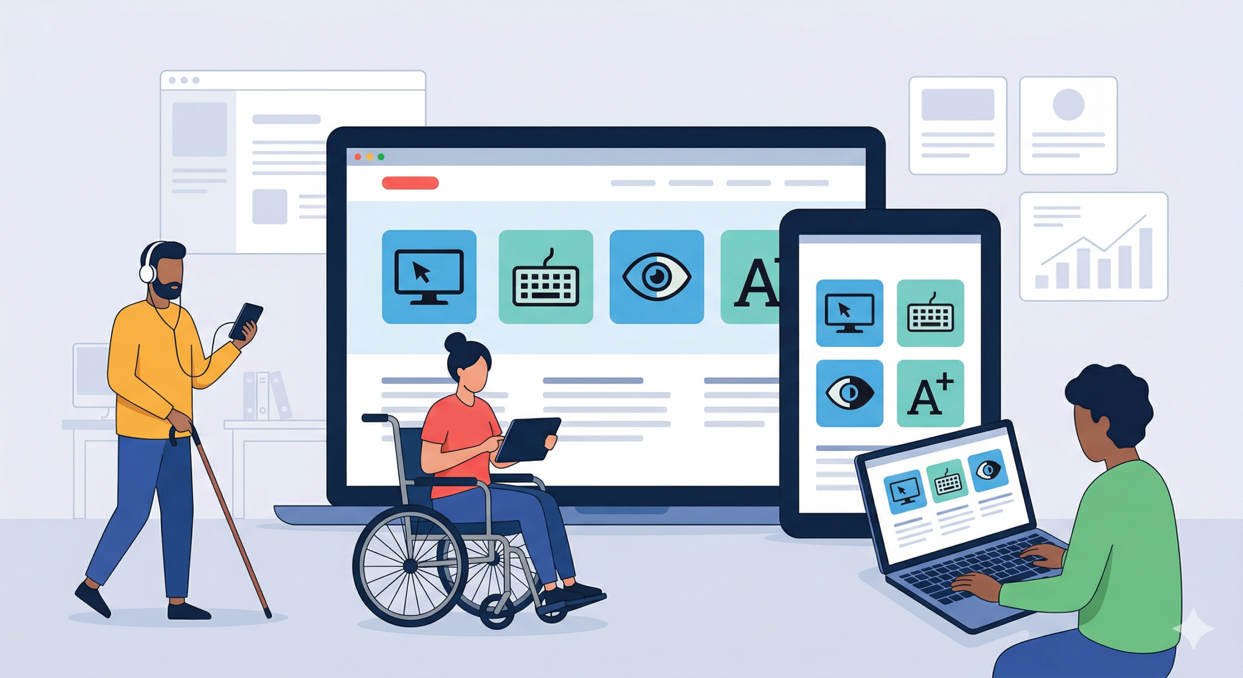 Pessoas com deficiência usando dispositivos digitais diante de ícones de acessibilidade, ilustrando conformidade e inclusão no design web.