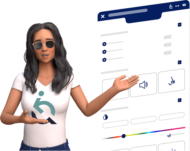 Personagem Ewa sorrindo sobre fundo azul apontando para a ferramenta da EqualWeb.