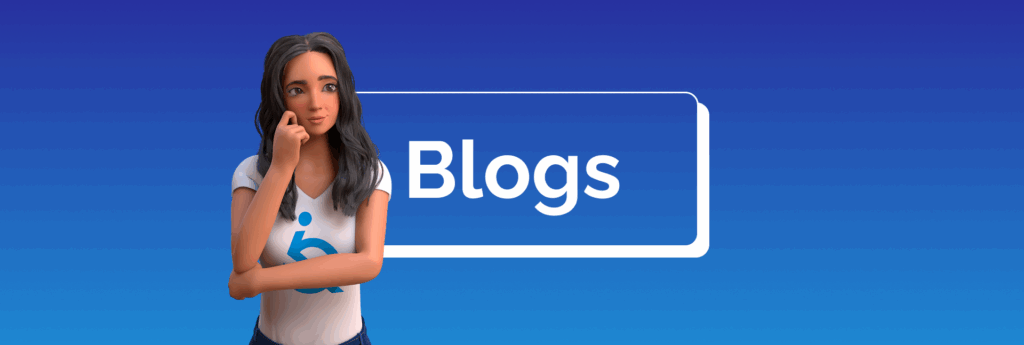 Fundo azul. Ao centro, está escrito “Blogs”. À esquerda, a personagem Ewa aparece pensativa, com a mão no rosto, vestindo uma camiseta com o símbolo da EqualWeb.