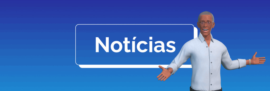Fundo em tons de azul. No centro, está a palavra "Notícias" em destaque. À direita, o personagem Ewerton aparece sorridente, de braços abertos, vestindo uma camisa clara.