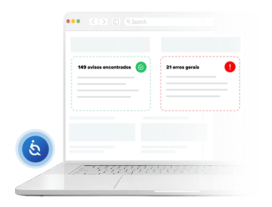 Tela de notebook com o texto: 149 avisos encontrados, 21 erros gerais e ícone da EqualWeb à esquerda.