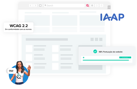 Site com selo WCAG 2.2, 98% de acessibilidade e Ewa dizendo "Olá!" no canto inferior esquerdo.