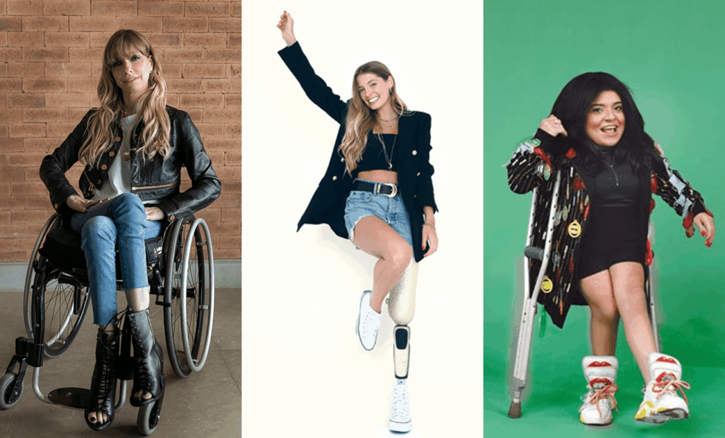 PCD. Banner com as três influenciadoras citadas no texto. Em primeiro lugar no lado esquerdo temos a foto de Andrea Schawarz sentada na sua cadeira de rodas. No meio do banner temos a foto de Paola Antonini em pé de braços levantados e do lado direito temos a foto da Pequena Lo sentada em uma cadeira segurando sua muleta.