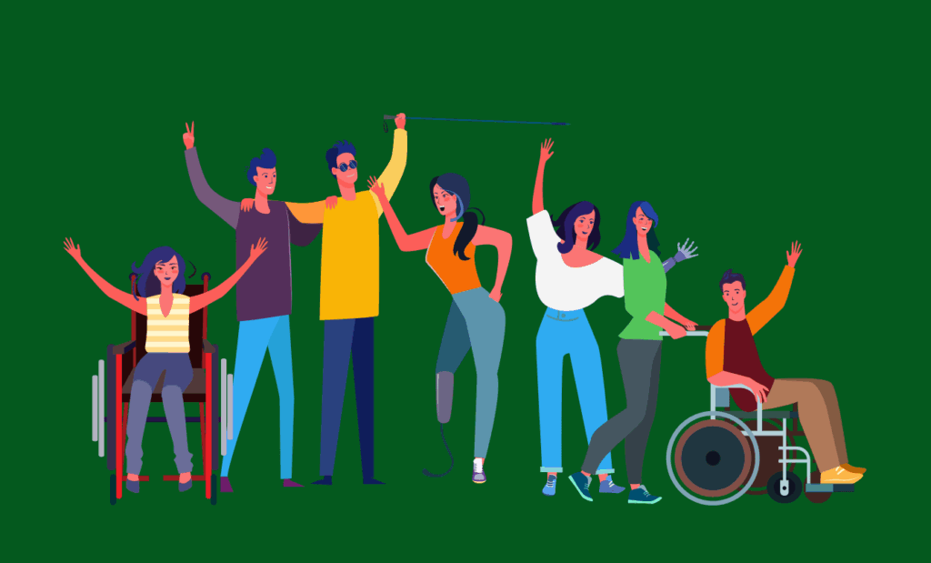 inclusão; Uma imagem em fundo verde com pessoas abraçadas representado alguns tipos de deficiência.