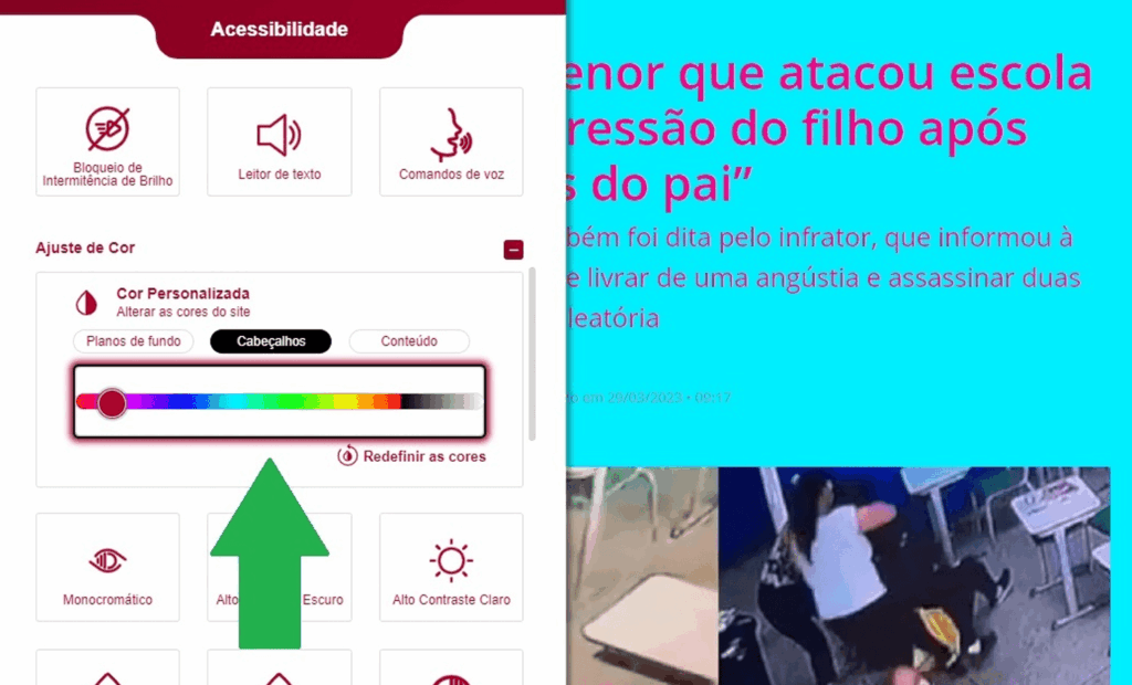 Band. Imagem do portal da Band com a ferramenta da equalweb aberta com a funcionalidade cor personalizada aberta.