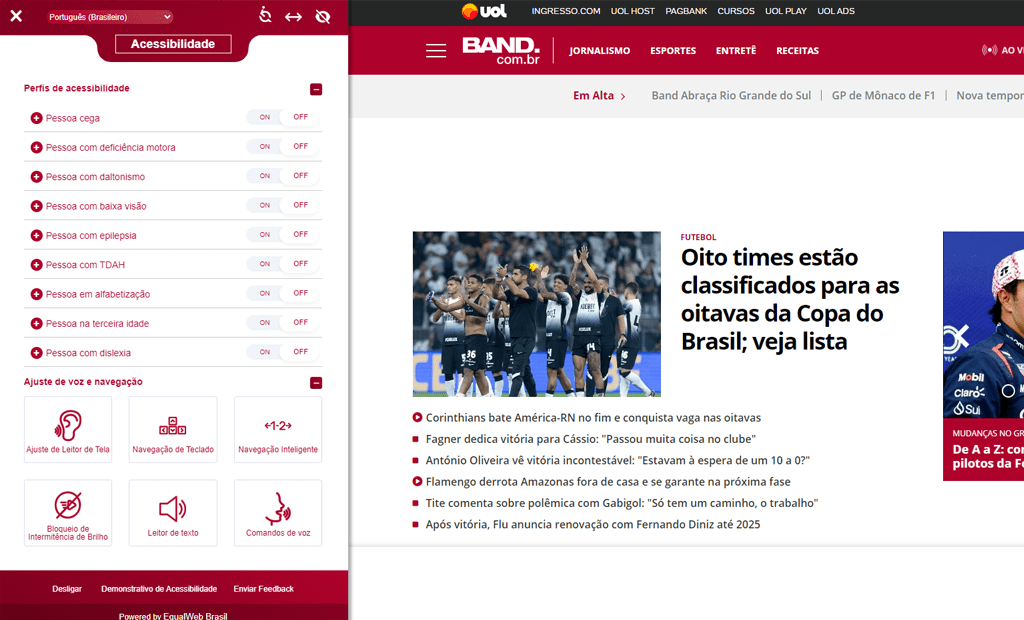 Band. Imagem do site da band com a ferramenta da EqualWeb aberta mostrando as funcionalidades.
