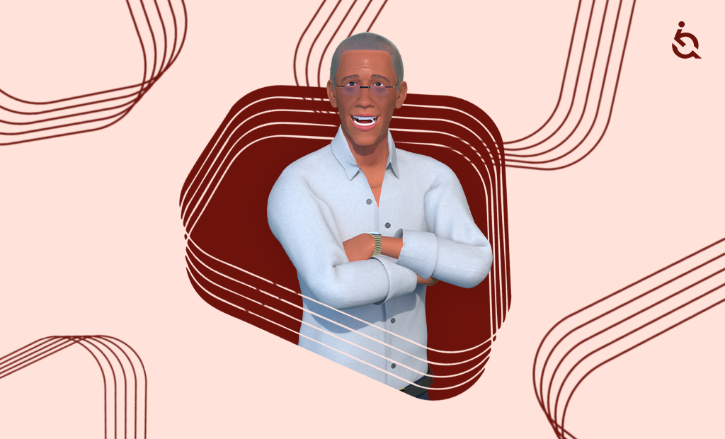 Avatar 3D de um homem negro mais velho, com cabelo grisalho e óculos, sorrindo confiantemente. Ele está de braços cruzados sobre um fundo rosa com elementos gráficos e o logo da Equal Web no canto.