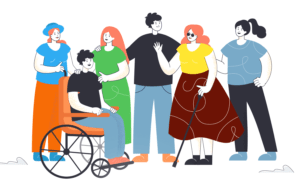 Capacitismo. Ilustração de pessoas com deficiência  e sem deficiência
