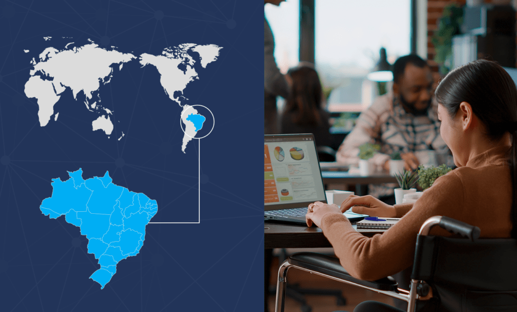 EqualWeb. No banner ao lado esquerdo podemos observar o mapa-múndi com destaque em azul claro no Brasil. Ao lado direito podemos observar uma menina cadeirante mexendo no notebook.