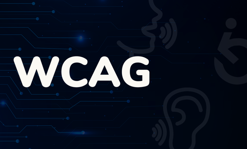 WCAG. Fundo azul escuro com ilustrações relacionadas à soluções de acessibilidade digital. à frente, temos o texto "WCAG" em branco