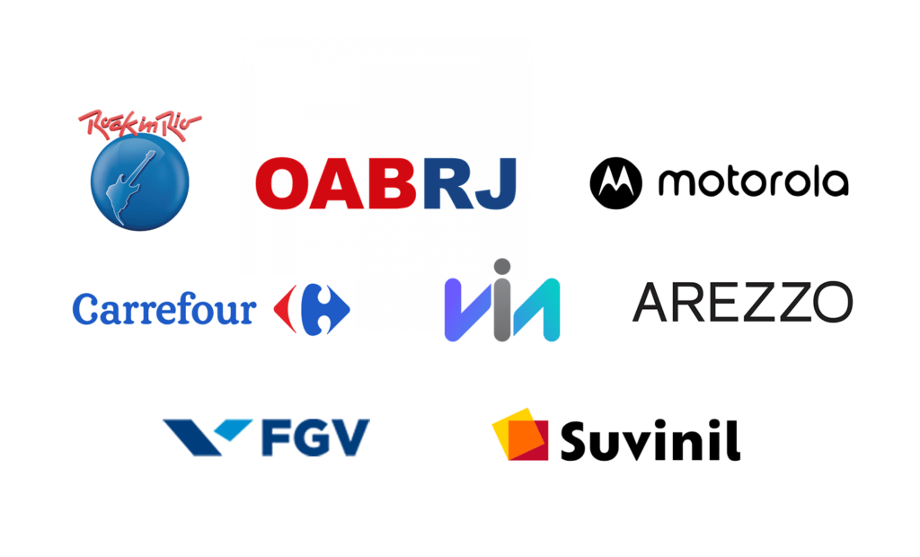 acessível. Uma imagem de fundo branco com as seguintes logos: Rock in Rio, OABRJ, Motorola, Carrefour, Via Varejo, Arezzo, FGV e Suvinil.