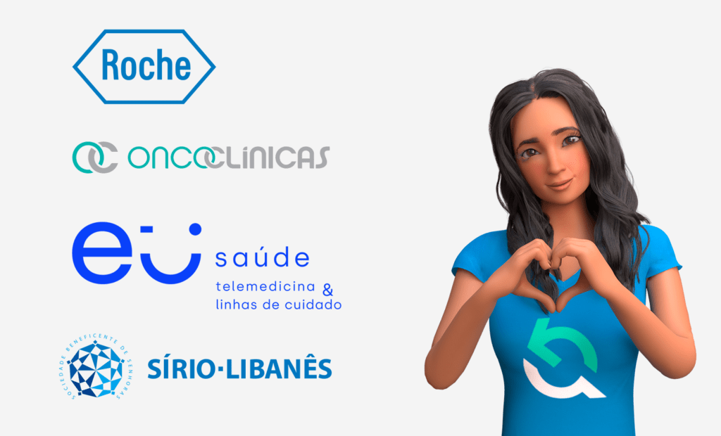 saúde. Banner com as seguintes informações: Do lado esquerdo as logos das empresas Roche, Eu Saúde, Oncoclínicas e Sírio Libanês 