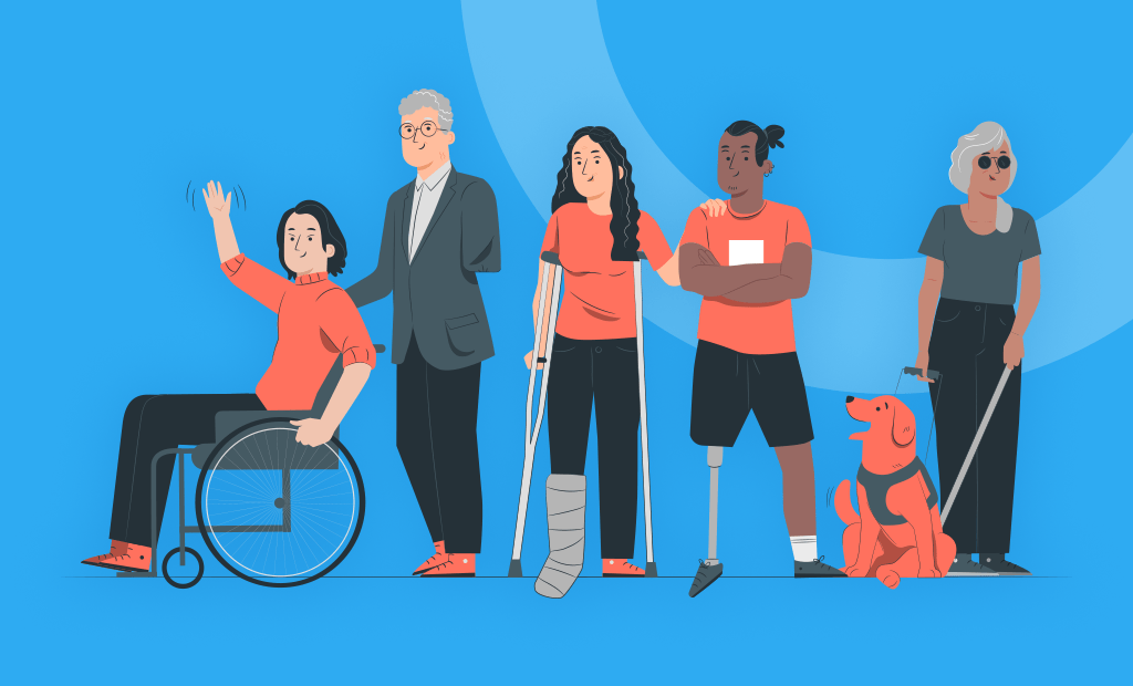 Empresa. Imagem em desenho de um grupo de pessoas. Temos representados uma cadeirante, um idoso, uma menina de muleta, um rapaz de perna mecanica e uma mulher com deficiência visual.
