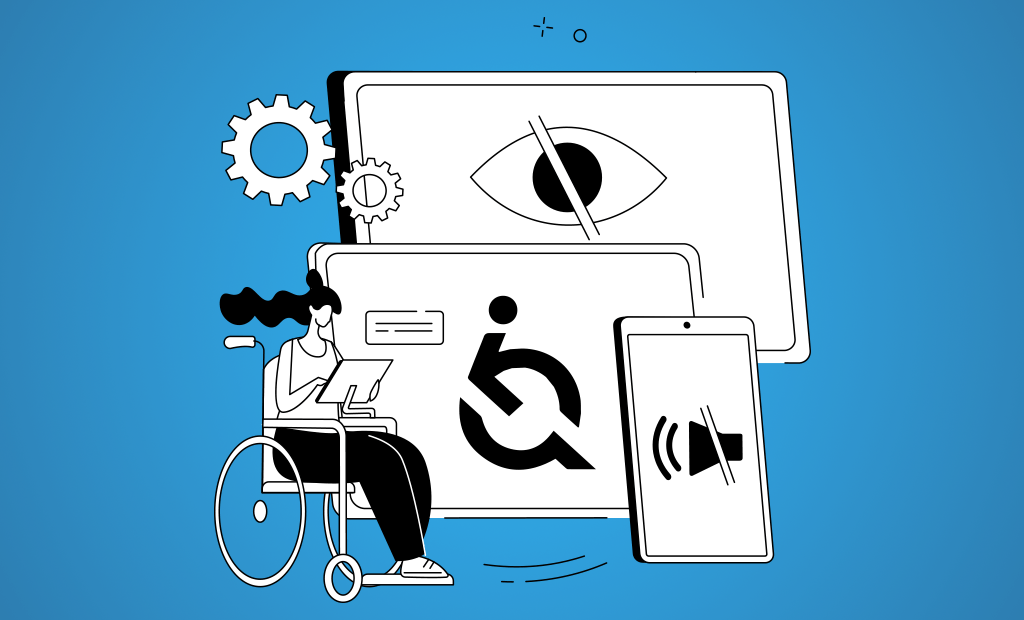 Design acessível. Uma ilustração representando uma menina cadeirante mexendo no tablet e em volta dela algumas telas com a logo da equalweb e algumas funções da ferramenta. 