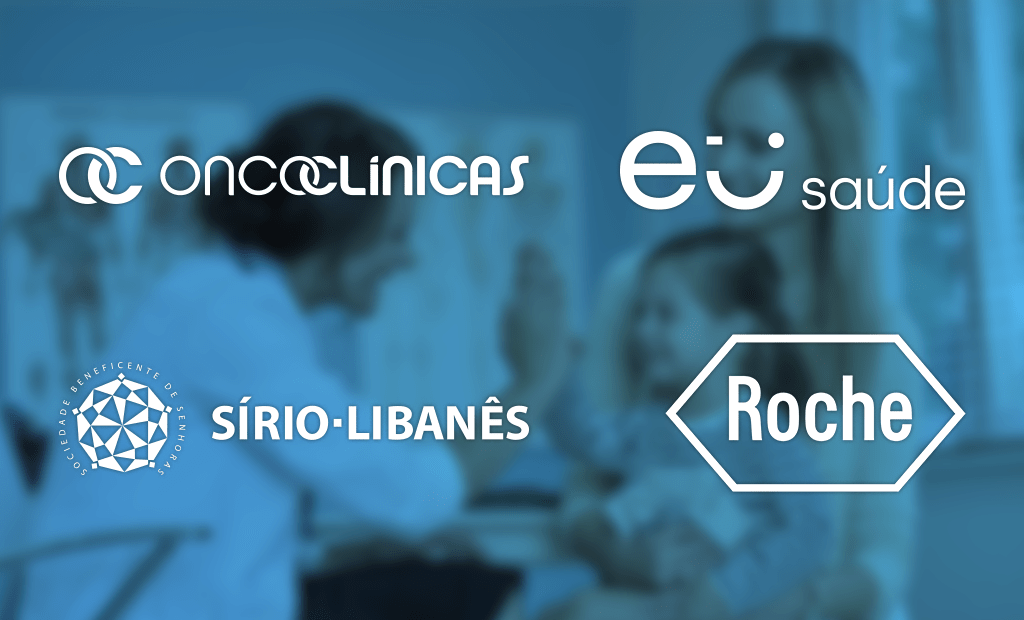 Navegação. Logo dos cliente: Hospital Sírio-Libanês, Roche, Grupo Oncoclínicas e EuSaúde.com.vc.