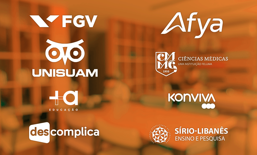 Navegação. Logos dos seguintes clientes: Fundação Getulio Vargas (FGV), UNISUAM, Descomplica, Grupo +A Educação, Afya Instructure, FELUMA, HSL EAD e Konviva.