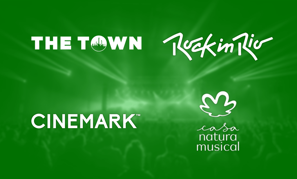 Navegação. Logo dos clientes: Cinemark, Natura Musical, Rock in Rio e The Town. 