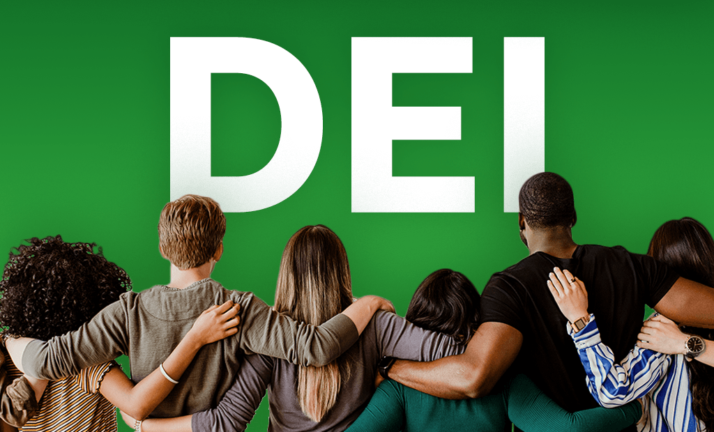 DEIA. Imagem de um baner com o título "DEI" e um grupo de pessoas abraçados de várias raças.
