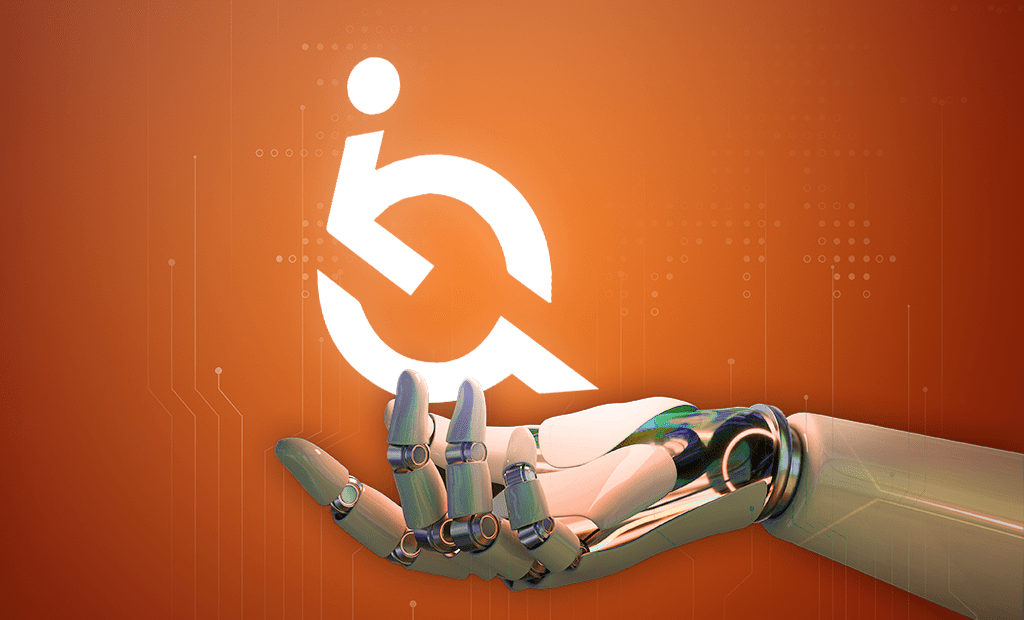 Inteligência. Imagem de uma mão de robô segurando a logo da EqualWeb na cor branca. 