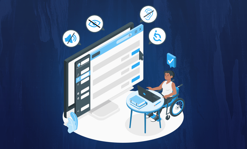 Empresas. Imagem de uma ilustração de uma tela de computador com alguns símbolos de acessibilidade em volta. Na imagem também tem uma menina cadeirante mexendo no notebook.
