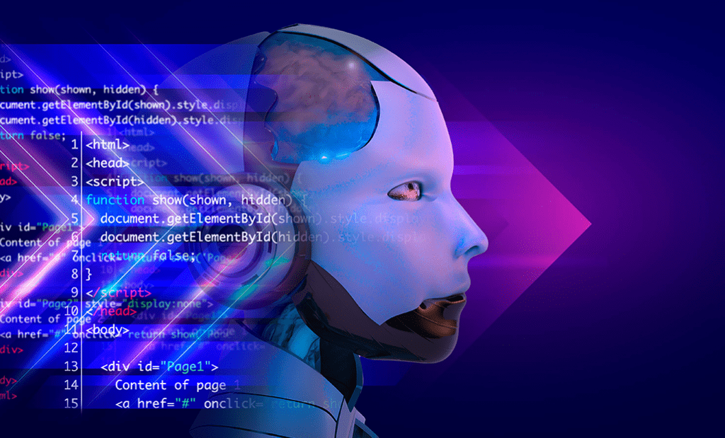  Machine Learning. Imagem de uma linha de código e ao lado um robô olhando para frente com uns detalhes em roxo.