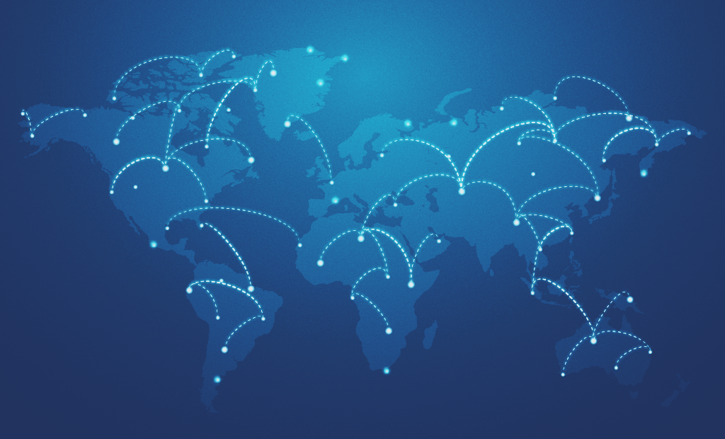 Comunicação. Imagem de uma parte do mapa mundial com alguns pontos de luzes dentro dos paises. 