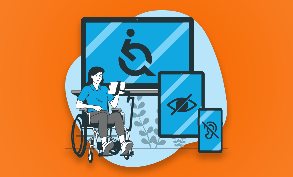 Comunicação. Imagem de uma ilustração de uma menina cadeirante mexendo no tablet. Ao seu redor temos alguns dispositivos com a logo da Equalweb outro com símbolo de um olho com um risco e o último com uma ouvido e um risco.