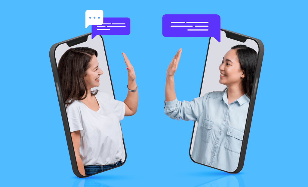 Comunicação: Imagem de duas mulheres aparecendo em telas de celulares, uma acenando para a outra. Na imagem, também podemos ver duas caixas de diálogo sobre as cabeças delas.