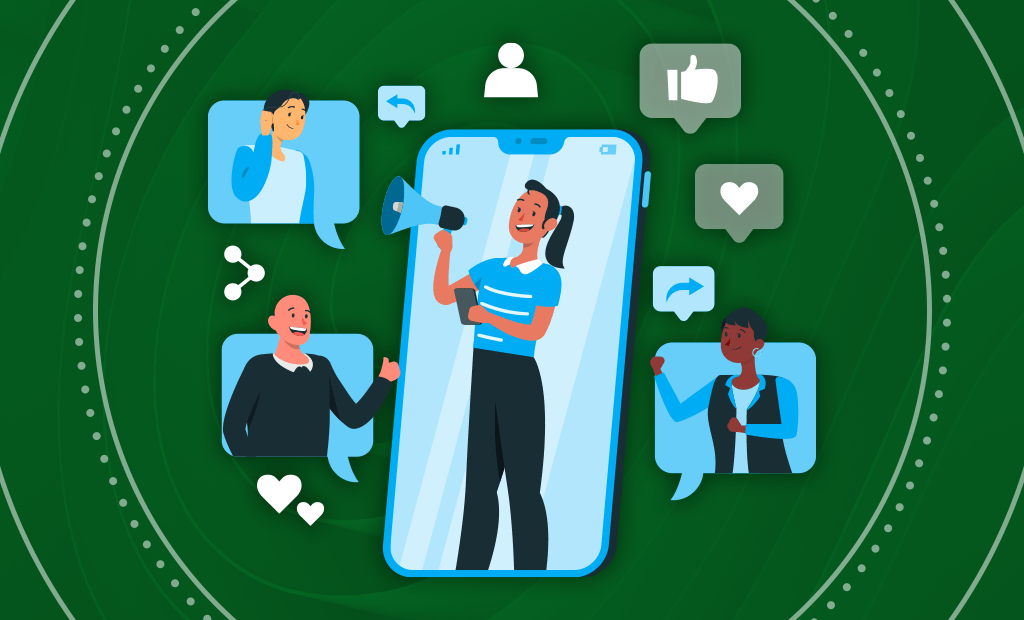 Comunicação: Na ilustração, podemos observar um celular no centro da imagem com uma personagem negra, usando blusa azul e calça azul escuro, segurando um megafone. Ao redor dela, podemos observar elementos sinalizando "likes", "gostei", "curtidas" e caixas de diálogo com outros personagens dentro.