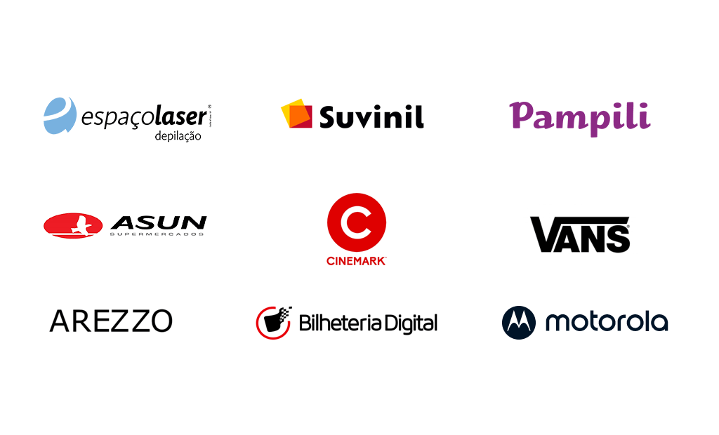 Acessíveis. Imagens das logos das empresas: Espaço laser, Suvinil, Pampili, Asun Mercados, Cinemark, Vans, Arezzo, Bilheteria Digital e Motorola. 