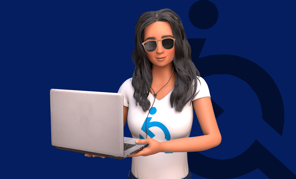 Espaçolaser. Banner de fundo azul escuro com um sombreado da logo da Equalweb na direita. No centro da imagem temos a Ewa segurando um notebook e usando fones de ouvido, ela veste blusa branca e usa óculos.