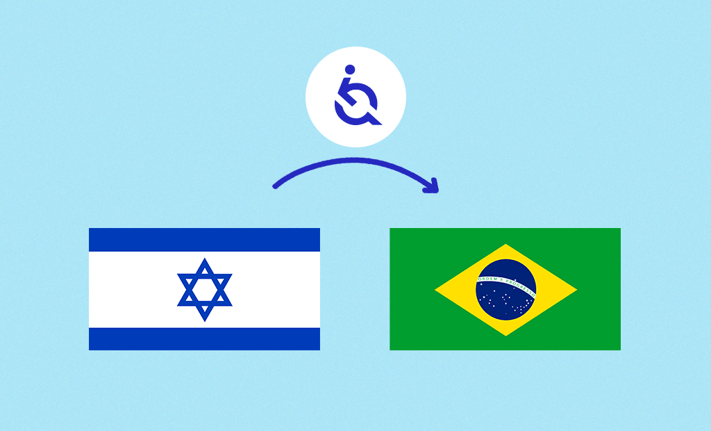 Imagem das bandeiras de Israel e do Brasil interligadas pelo ícone da EqualWeb, celebrando 4 anos da empresa no Brasil. 