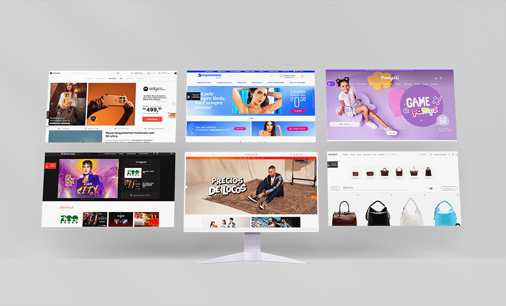 e-commerce. Imagens de alguns e-commerces de clientes EqualWeb como: Motorola, Espaçolaser, Pampili, Arezzo, e Bilheteria Digital.