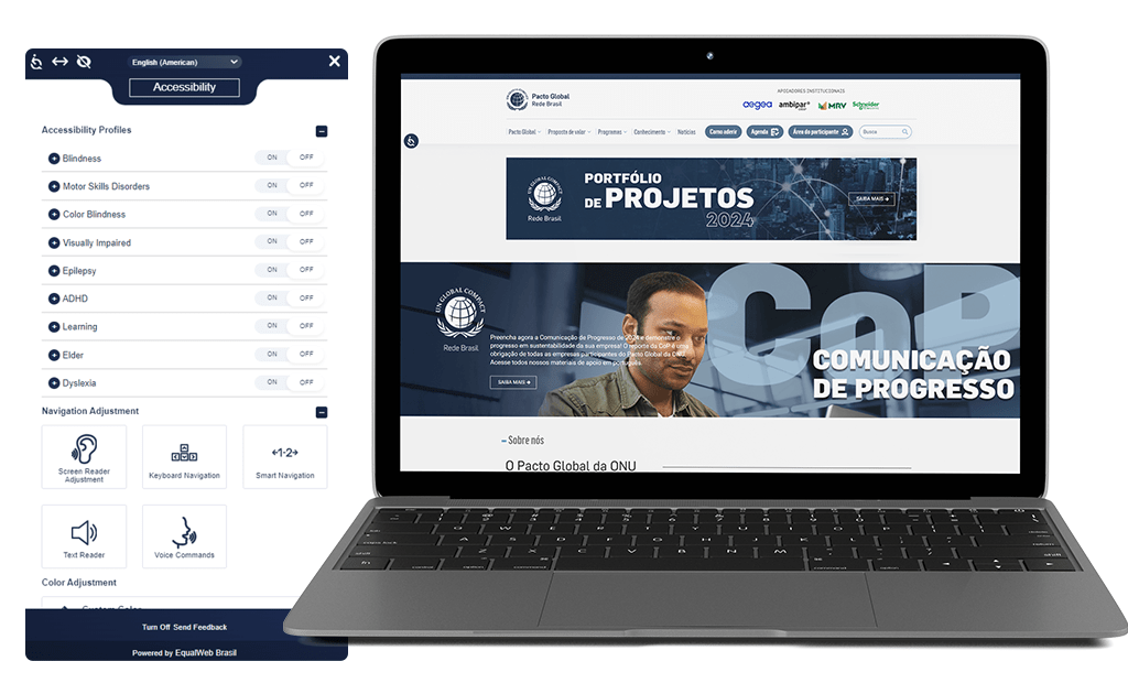 ODS. Imagem do site da Pacto global aberto e a ferramenta da EqualWeb aberta ao lado. 