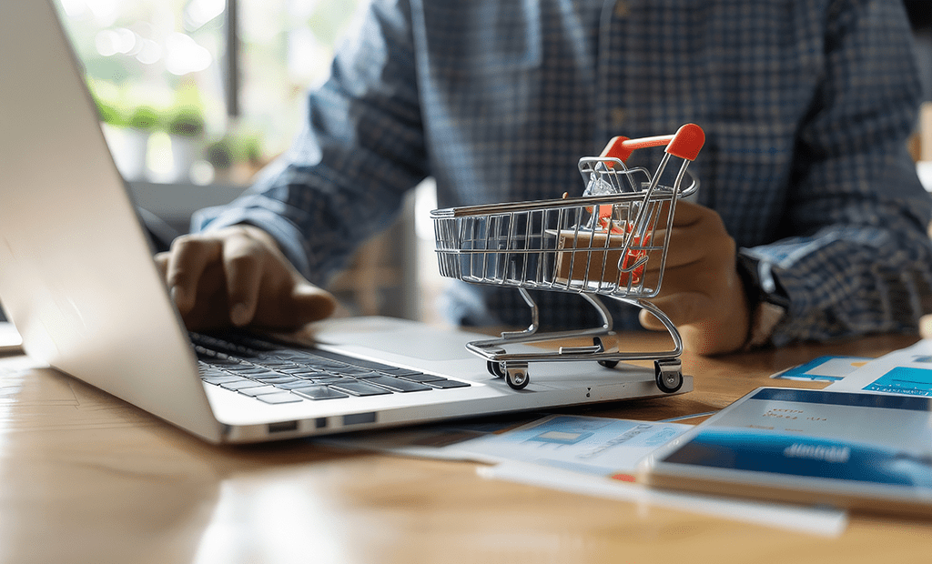 Dia do cliente. Imagem de um homem mexendo no notebook e na outra mão segurando um carrinho de compras.