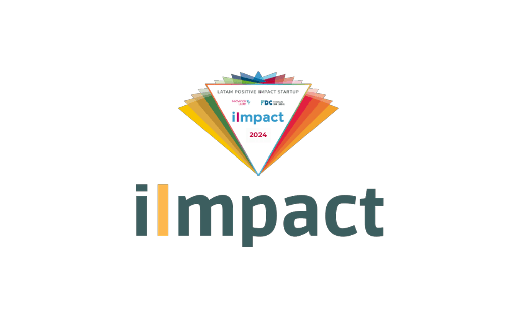 iImpact. Logo com o texto "ilmpact 2024". O design inclui uma composição de triângulos coloridos, em tons vibrantes como amarelo, laranja, azul e verde, dispostos em forma de leque ou pirâmide. No topo, há a frase "LATAM POSITIVE IMPACT STARTUP