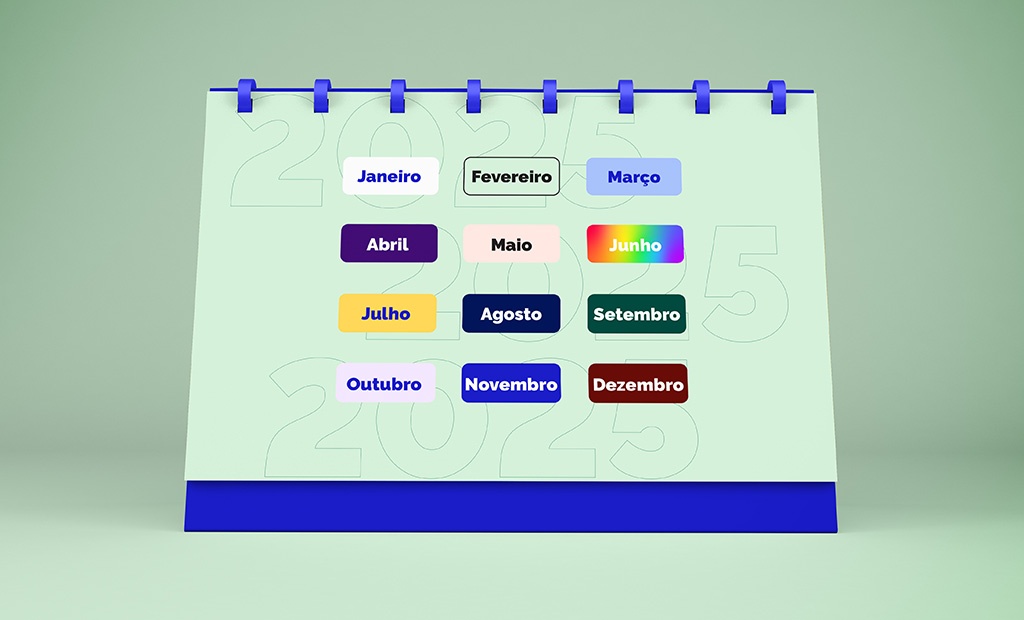 Calendário inclusivo. calendário de mesa para o ano de 2025. Os meses do ano estão organizados em blocos coloridos.