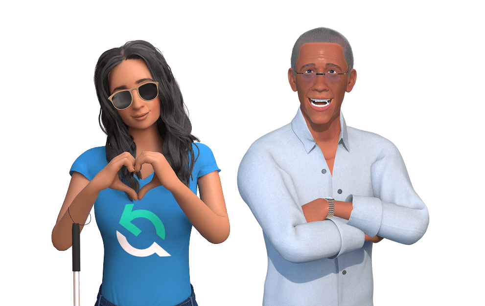 Ewa e Ewerton, personagens da EqualWeb, Ewa esta sorrindo e fazendo sinal de coração com as mãos, ela usa óculos escuros e camisa azul com a logo da EqualWeb. Ewerton veste camisa social clara e também usa óculos.