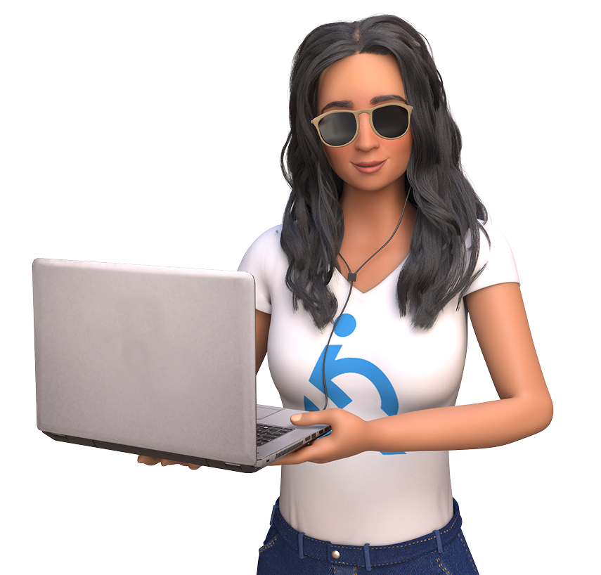 Ewa, personagem branca de cabelos castanhos vestindo camiseta branca com o logo da EqualWeb e óculos escuros enquanto segura um notebook conectado a fones de ouvido