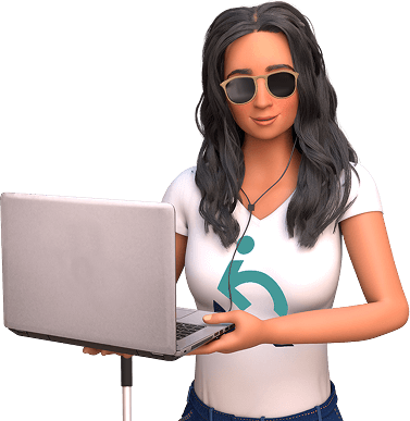 Personagem Ewa da EqualWeb com óculos escuros, fones de ouvido e camisa branca com o símbolo da EqualWeb, segurando um notebook.