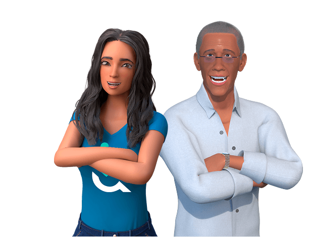 Ewa e Ewerton, personagens da EqualWeb, estão sorrindo e de braços cruzados. Ewa veste camisa azul com a logo da EqualWeb. Ewerton usa camisa social clara, óculos e relógio.