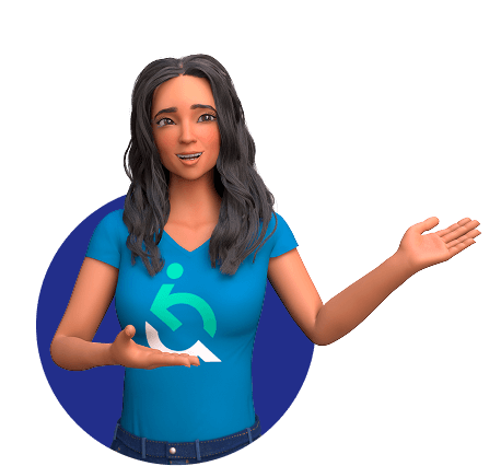 Personagem Ewa sorrindo com uma camiseta com logo da EqualWeb, sobre fundo azul.