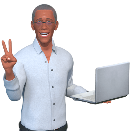 Ewerton, personagem negro de cabelos grisalhos vestindo camisa social azul clara e óculos de grau, segurando um notebook com uma mão e fazendo sinal da vitória com a outra
