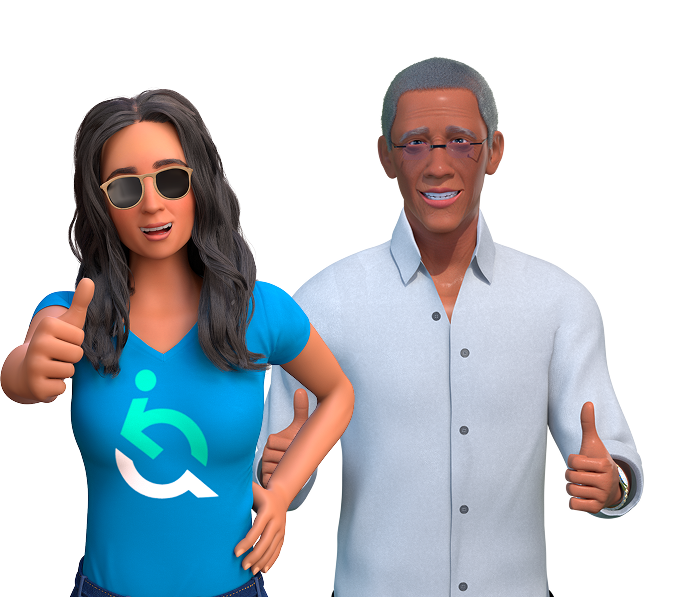 Ewa e Ewerton, personagens da EqualWeb, estão sorrindo e fazendo sinal de positivo com as mãos. Ewa usa óculos escuros e camisa azul com a logo da EqualWeb. Ewerton veste camisa social clara e também usa óculos.