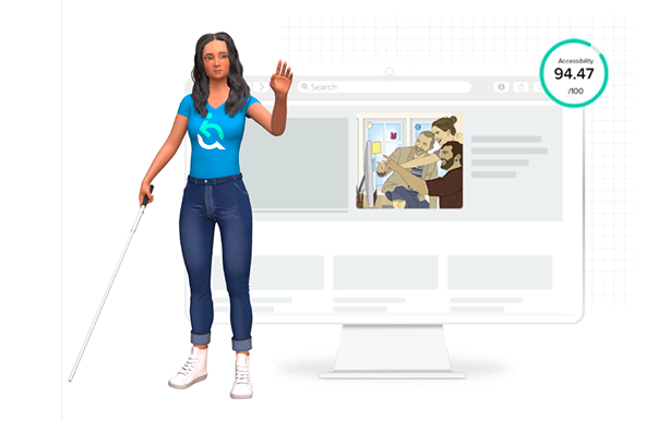 Personagem EWA com bengala acena em frente a site acessível com nota 94,47 de acessibilidade.
