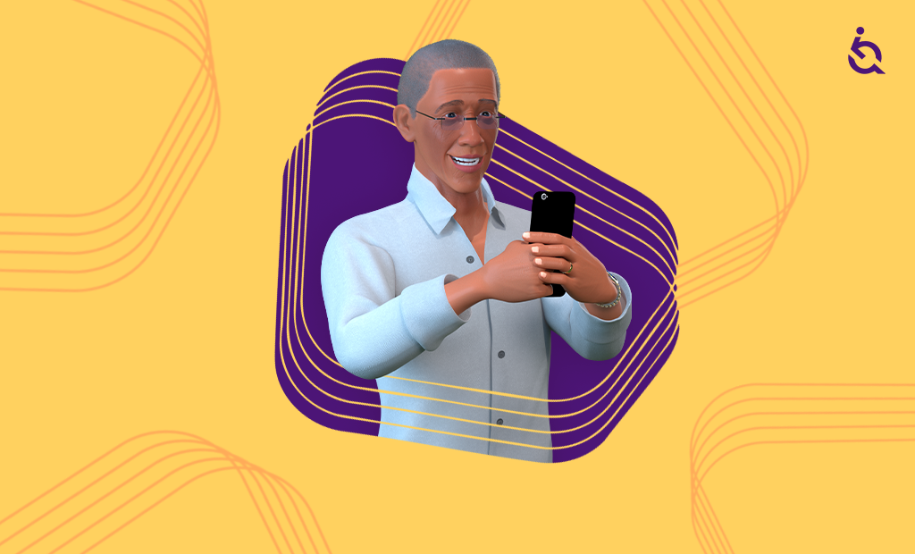 Acessibilidade Digital. "Ilustração de Ewerton sorrindo e segurando um celular, com fundo amarelo, elementos roxos e logo da Equalweb no canto.