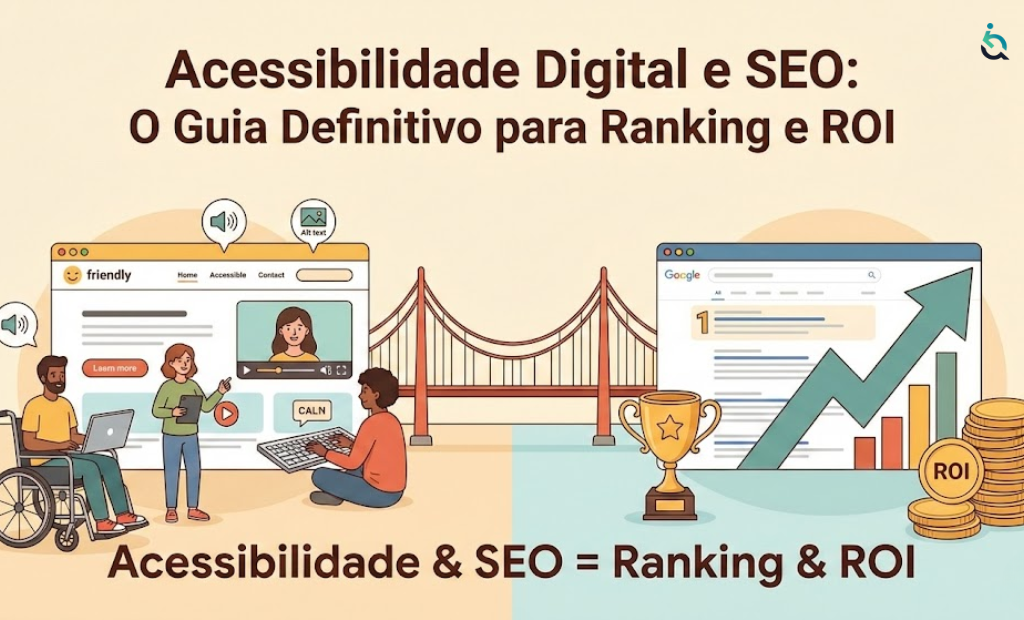 Banner ilustrativo sobre a relação entre Acessibilidade e SEO. Uma ponte conecta usuários diversos navegando na web a resultados positivos de negócios, como ranking de busca número 1 e retorno sobre investimento (ROI).